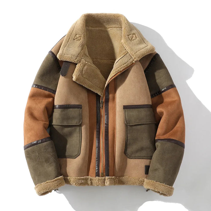 Mens Rugged Color-Block Fleece Jacket Faux Suede Winter Coat 0