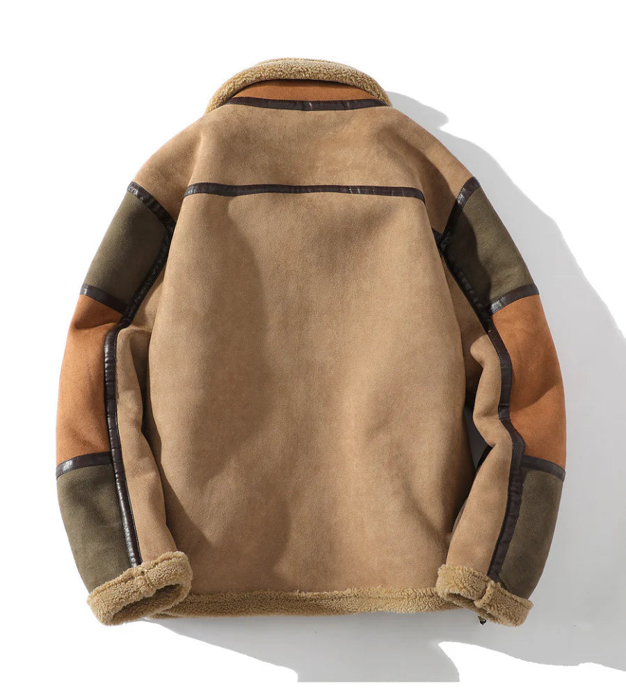 Mens Rugged Color-Block Fleece Jacket Faux Suede Winter Coat 1