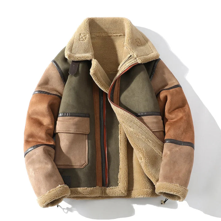 Mens Rugged Color-Block Fleece Jacket Faux Suede Winter Coat 2