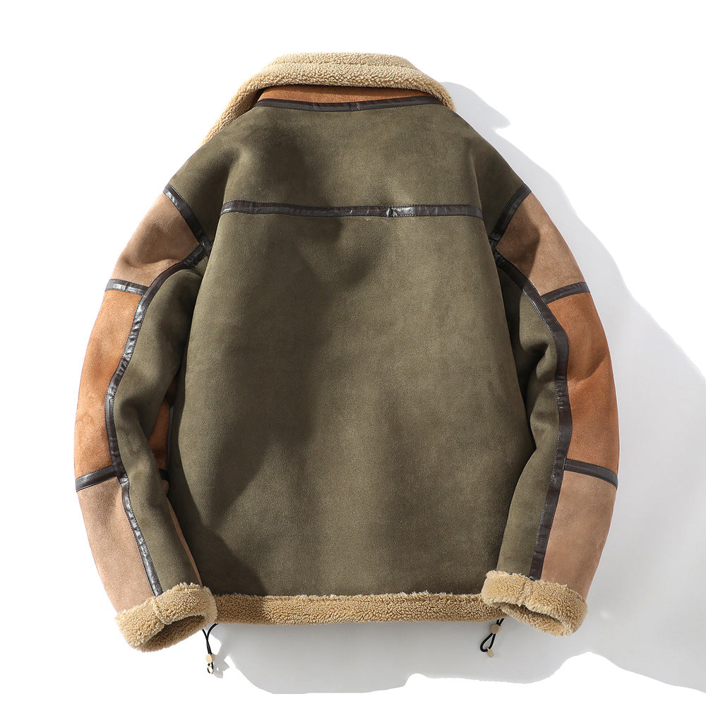 Mens Rugged Color-Block Fleece Jacket Faux Suede Winter Coat 3