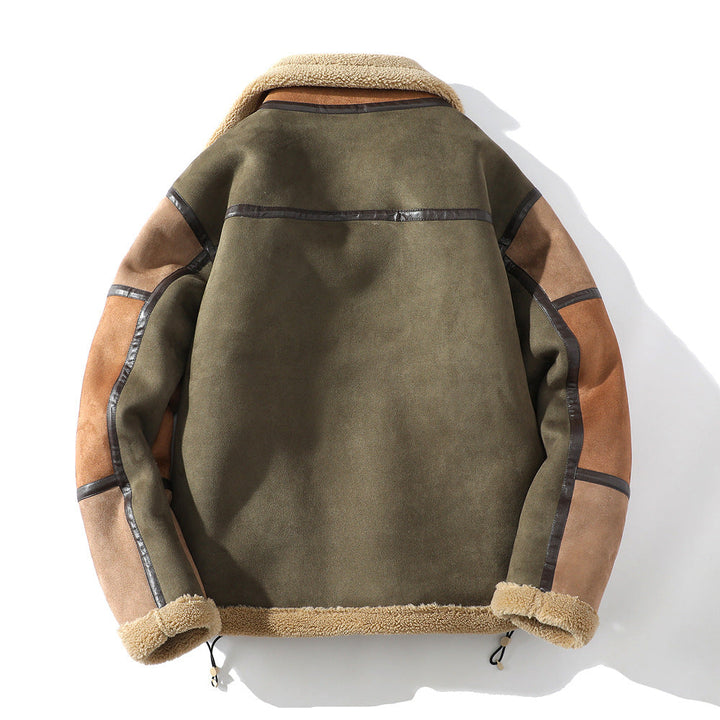 Mens Rugged Color-Block Fleece Jacket Faux Suede Winter Coat 3