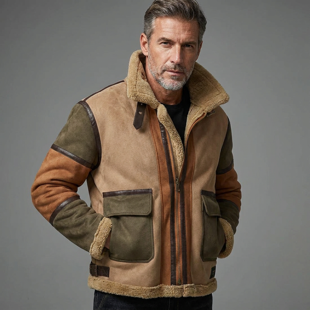 Men's Rugged Color-Block Fleece Jacket Faux Suede Winter Coat 7