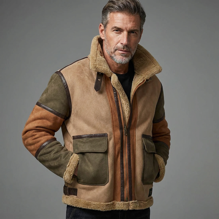 Men's Rugged Color-Block Fleece Jacket Faux Suede Winter Coat 7