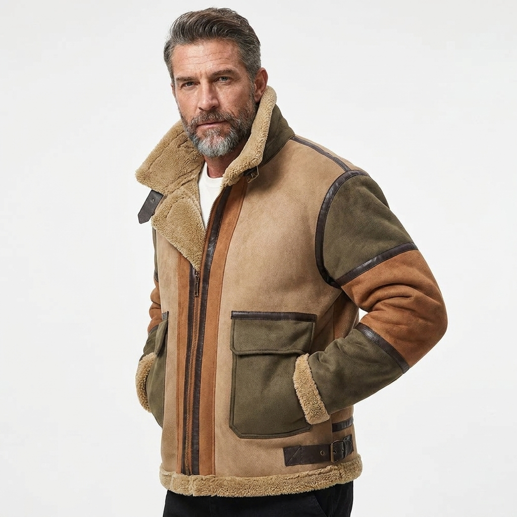 Men's Rugged Color-Block Fleece Jacket Faux Suede Winter Coat 8