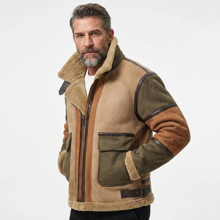 Men's Rugged Color-Block Fleece Jacket Faux Suede Winter Coat 8
