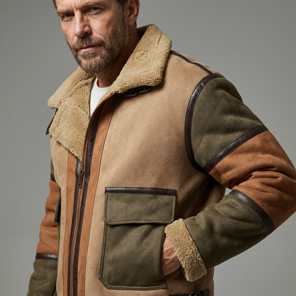 Men's Rugged Color-Block Fleece Jacket Faux Suede Winter Coat 9