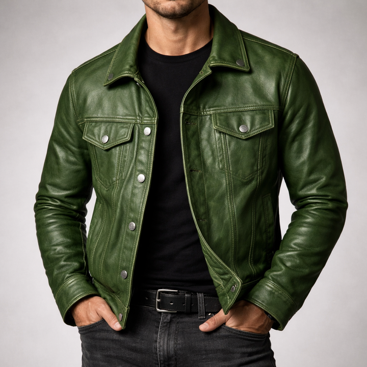 Men's Rugged Patina Leather Zip-Up Jacket for Active Wear 1