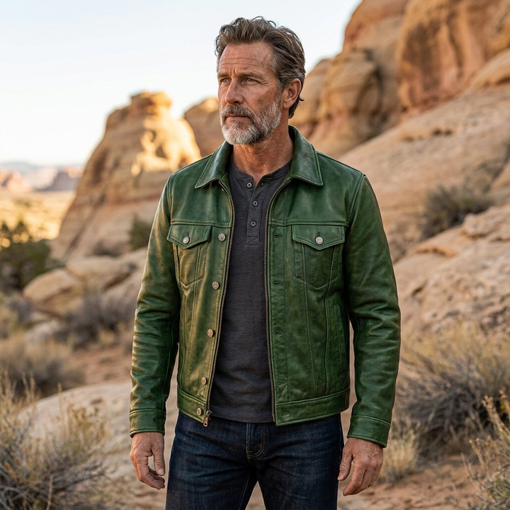 Men's Rugged Patina Leather Zip-Up Jacket for Active Wear 7