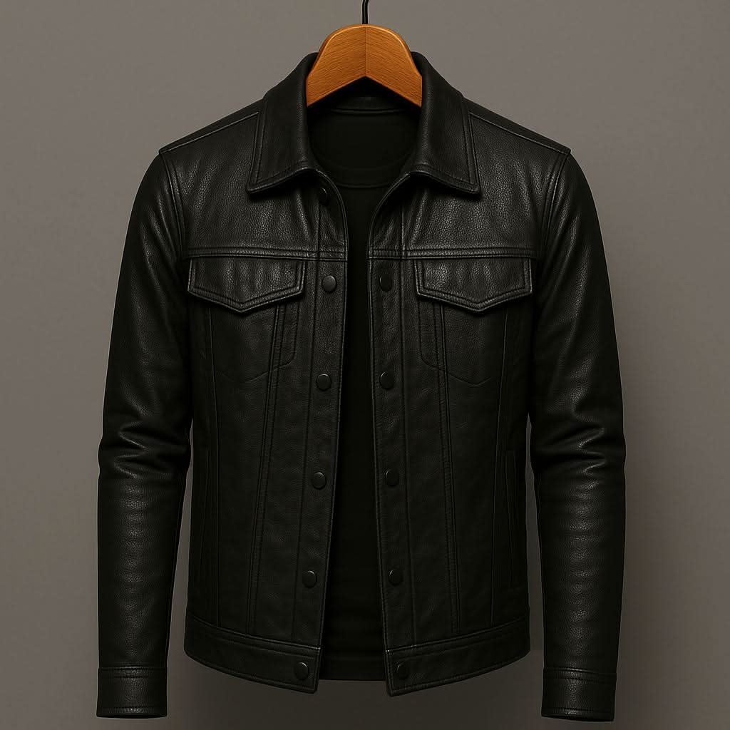 Men's Slim Fit Genuine Leather Biker Jacket in Black 0