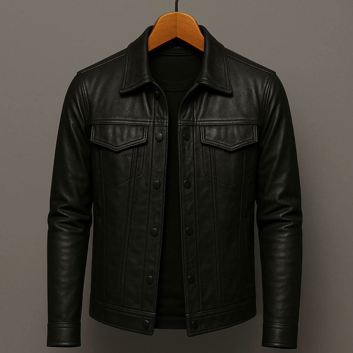 Men's Slim Fit Genuine Leather Biker Jacket in Black 0