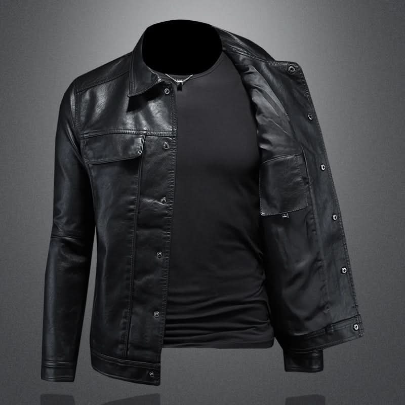 Men's Slim Fit Genuine Leather Biker Jacket in Black 1