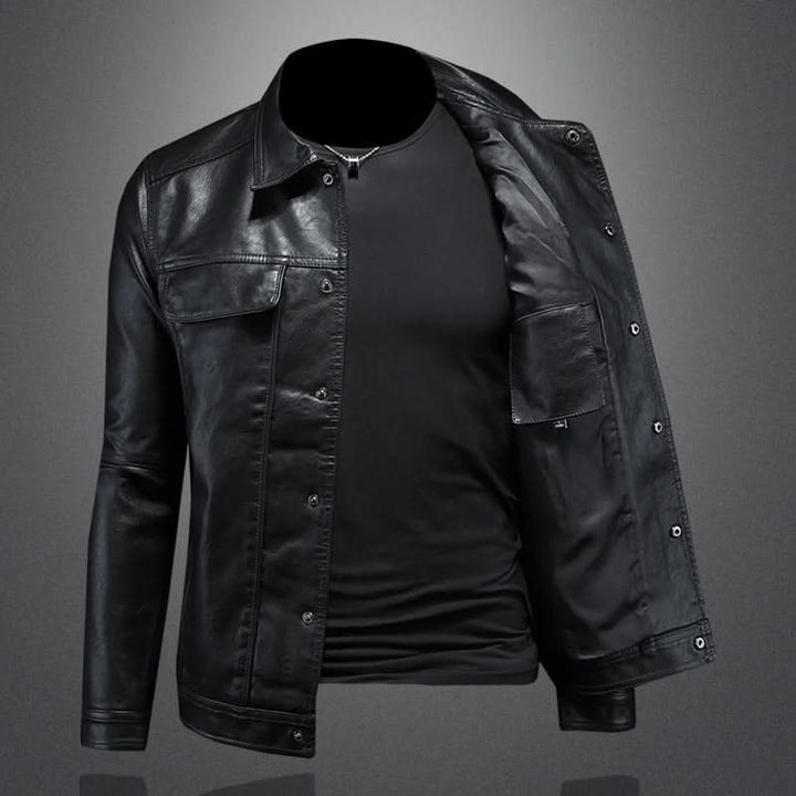 Men's Slim Fit Genuine Leather Biker Jacket in Black 1
