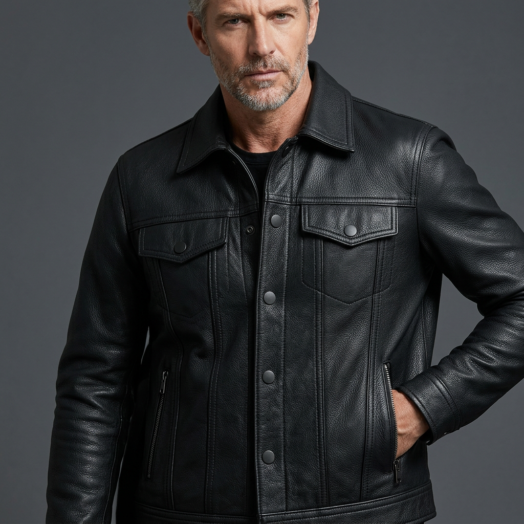 Men's Slim Fit Genuine Leather Biker Jacket in Black 10