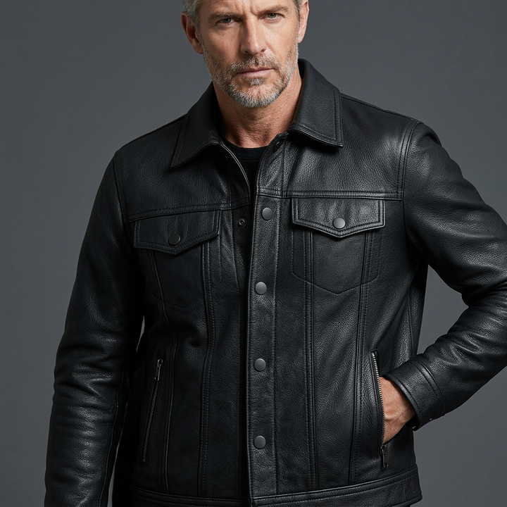 Men's Slim Fit Genuine Leather Biker Jacket in Black 10