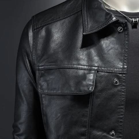 Men's Slim Fit Genuine Leather Biker Jacket in Black 3