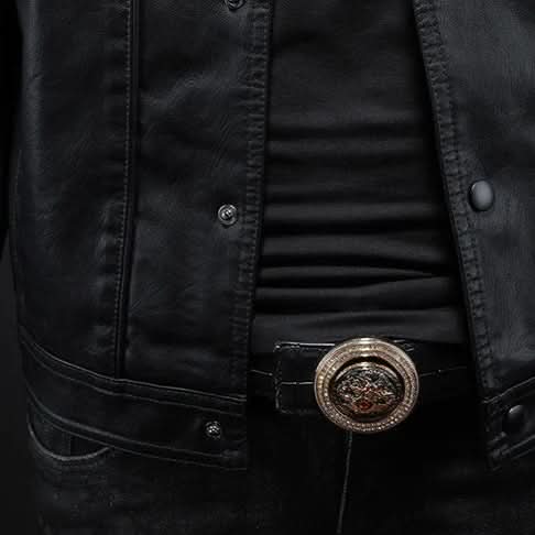 Men's Slim Fit Genuine Leather Biker Jacket in Black 5