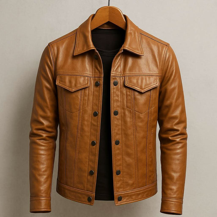 Men's Slim Fit Genuine Leather Biker Jacket in Black 6
