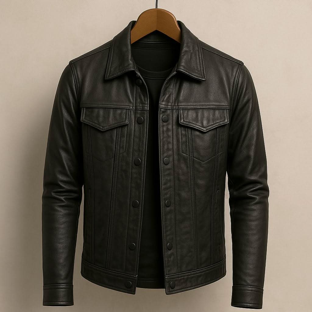Men's Slim Fit Genuine Leather Biker Jacket in Black 7