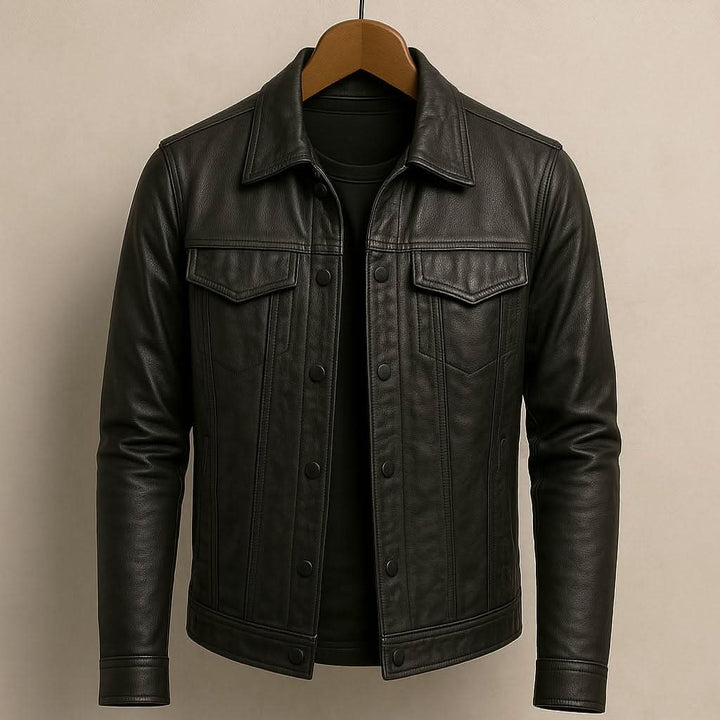 Men's Slim Fit Genuine Leather Biker Jacket in Black 7