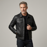 Men's Slim Fit Genuine Leather Biker Jacket in Black