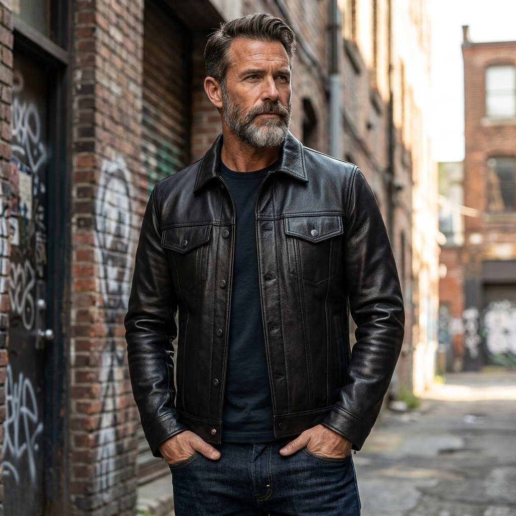 Men's Slim Fit Genuine Leather Biker Jacket in Black 9
