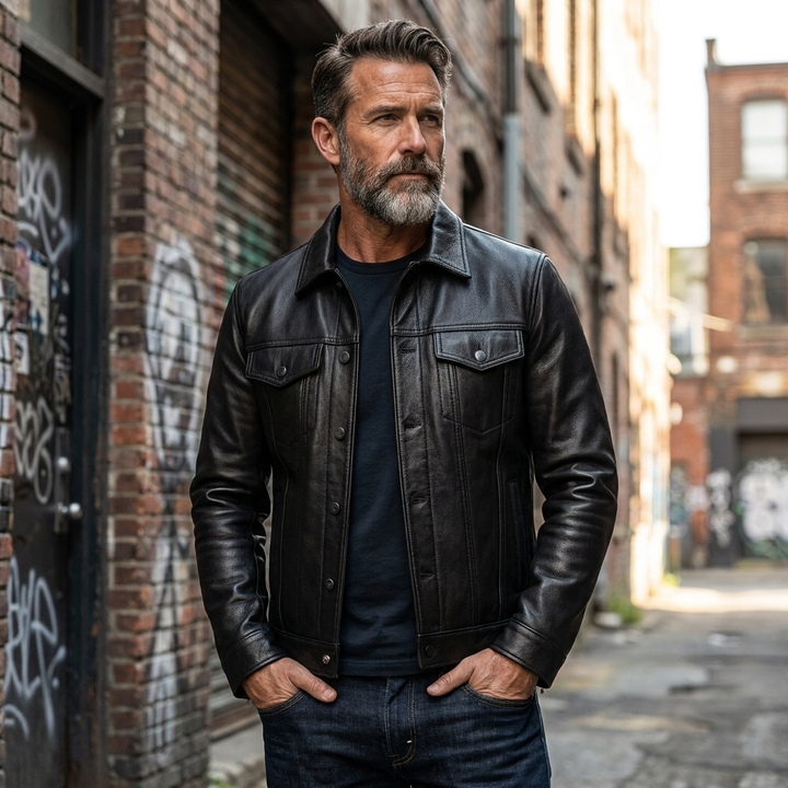 Men's Slim Fit Genuine Leather Biker Jacket in Black 9