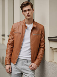 Men's Stand Collar PU Jacket with Zip Pockets