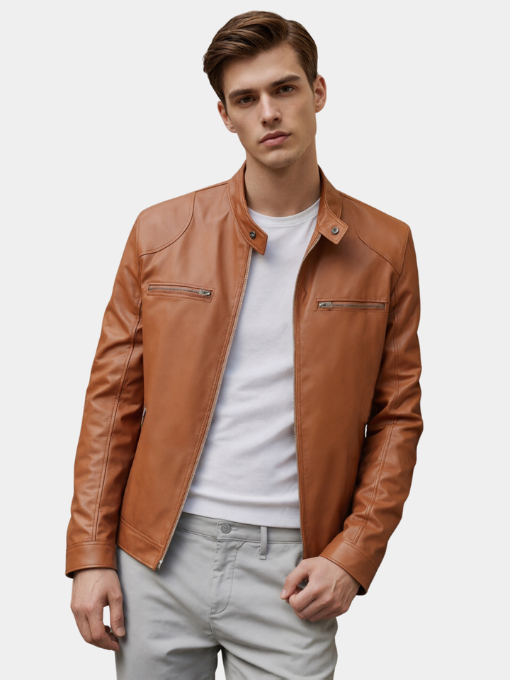 Men's Stand Collar PU Jacket with Zip Pockets 1