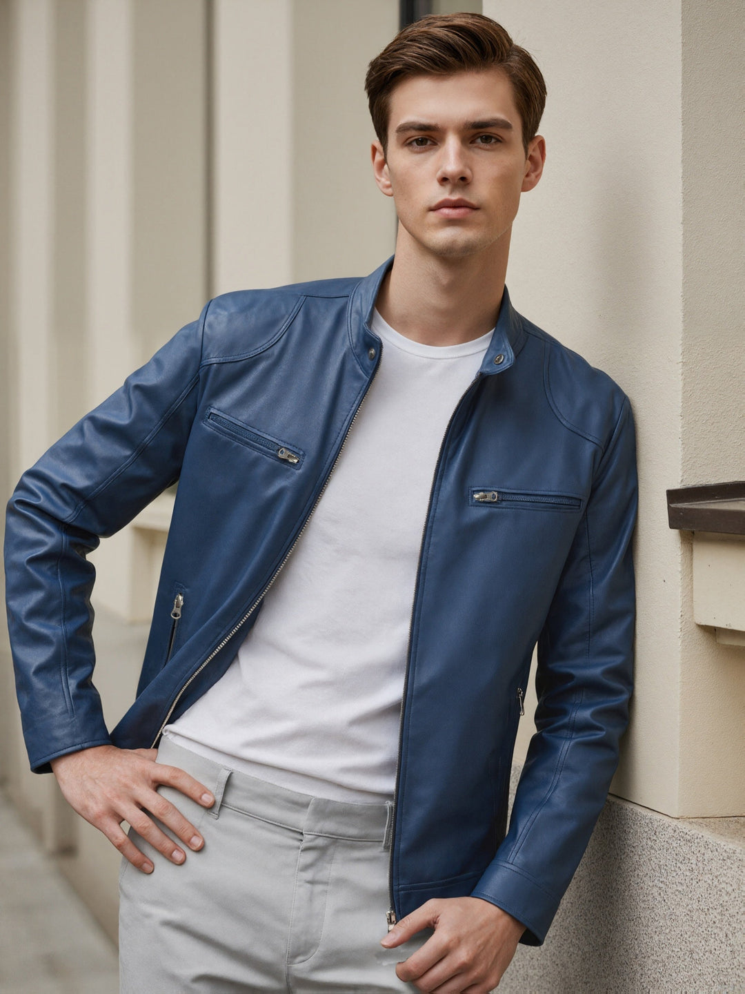 Men's Stand Collar PU Jacket with Zip Pockets 2