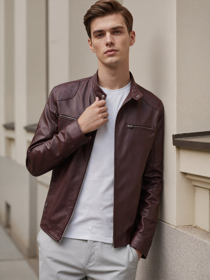 Men's Stand Collar PU Jacket with Zip Pockets 3