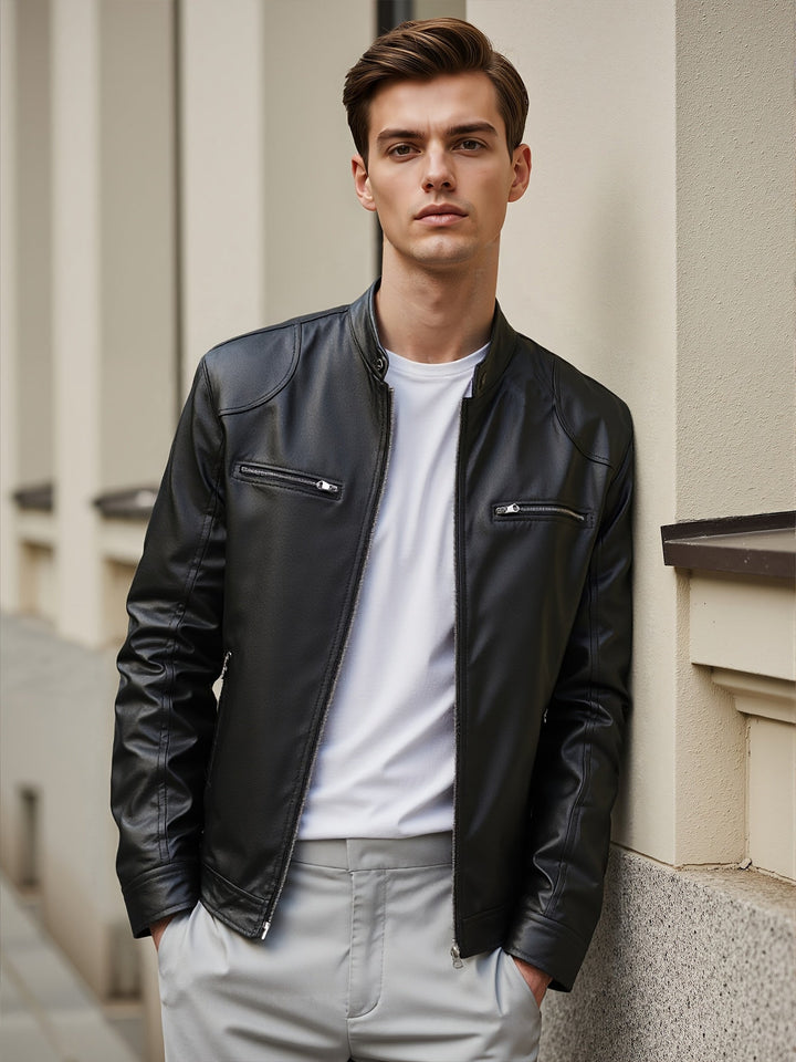 Men's Stand Collar PU Jacket with Zip Pockets 4