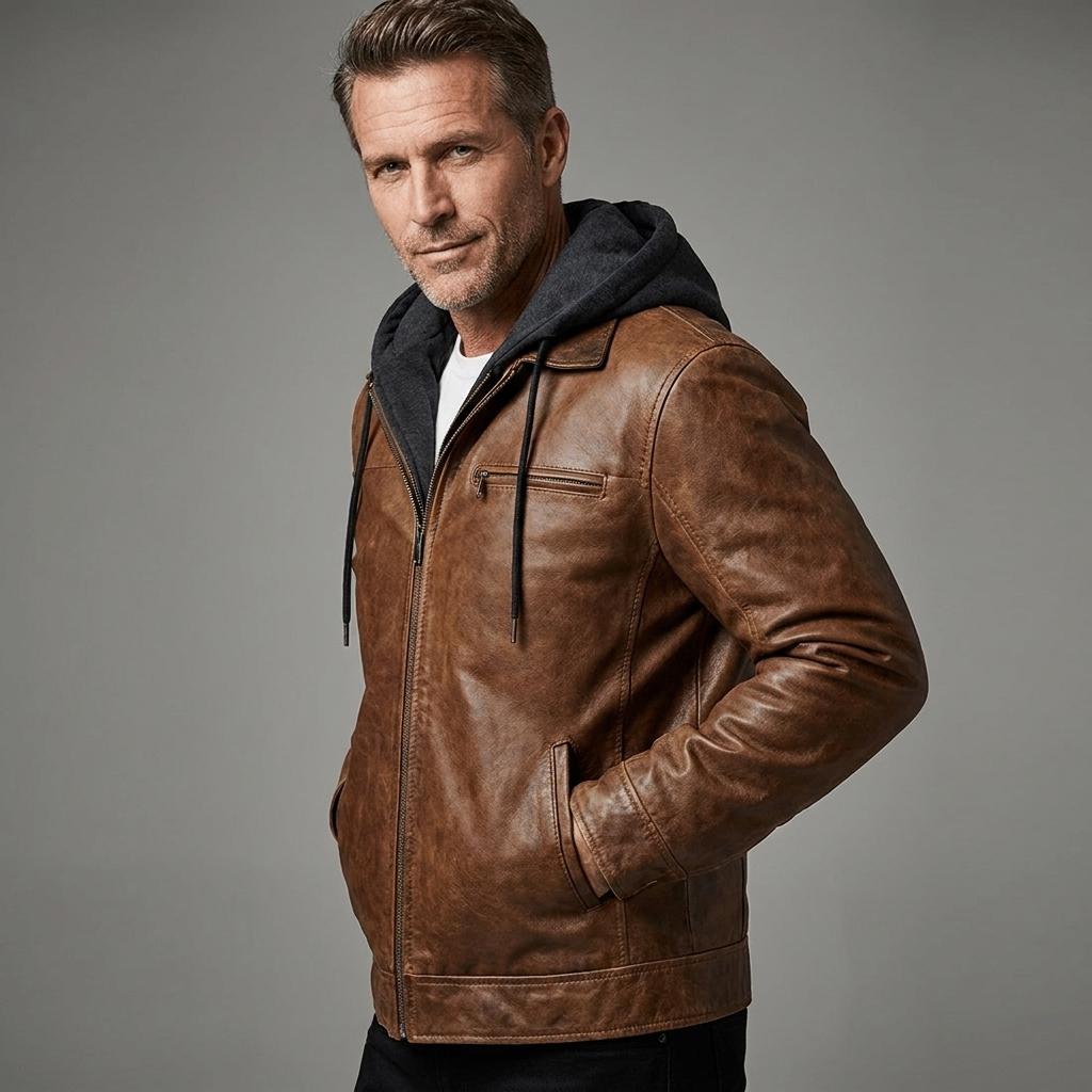 Men's Urban Hooded Winter Jacket Genuine Leather 9