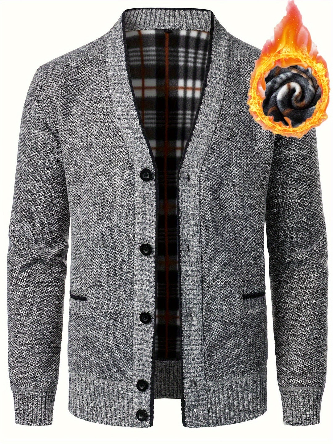 Mens V-Neck Long Sleeve Fleece Cardigan Black Polyester 0