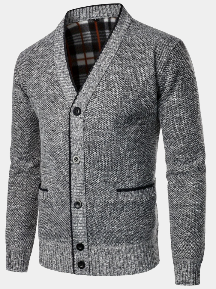 Mens V-Neck Long Sleeve Fleece Cardigan Black Polyester 1