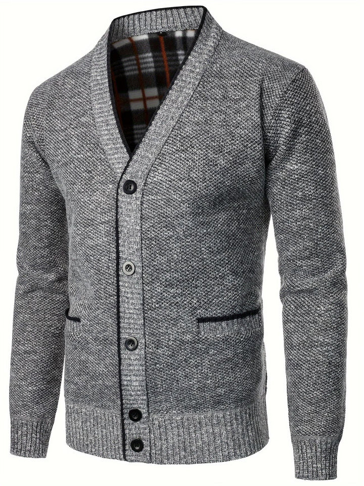 Mens V-Neck Long Sleeve Fleece Cardigan Black Polyester 2