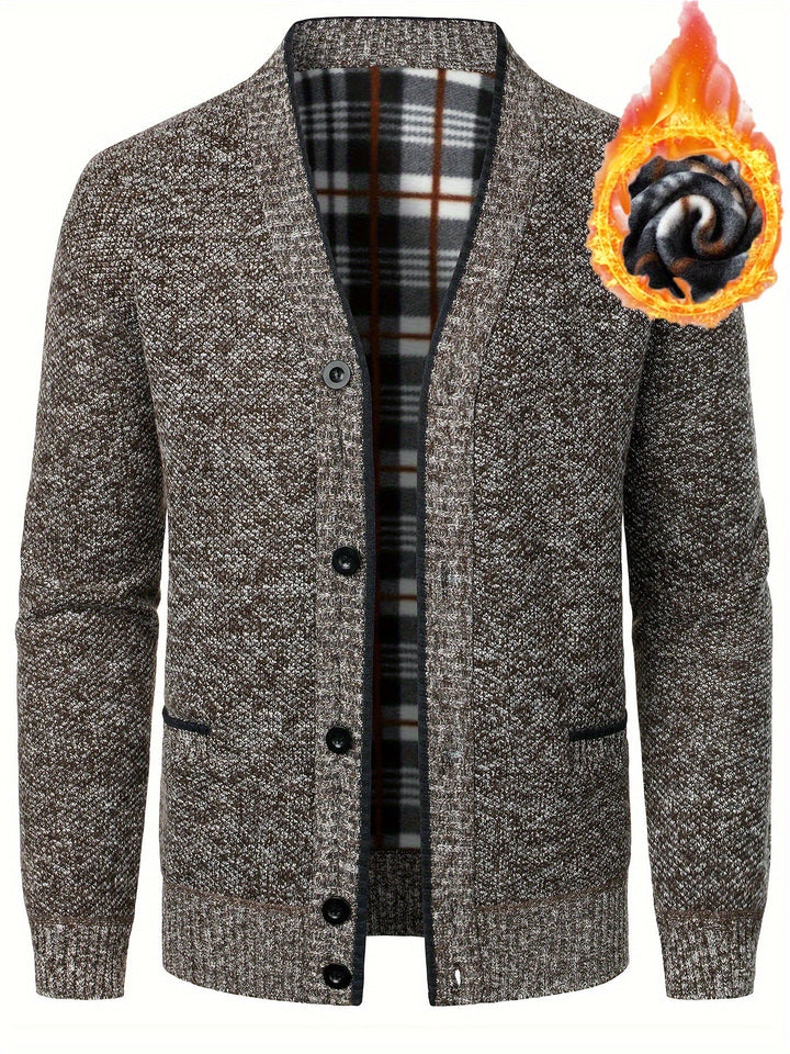 Mens V-Neck Long Sleeve Fleece Cardigan Black Polyester 3