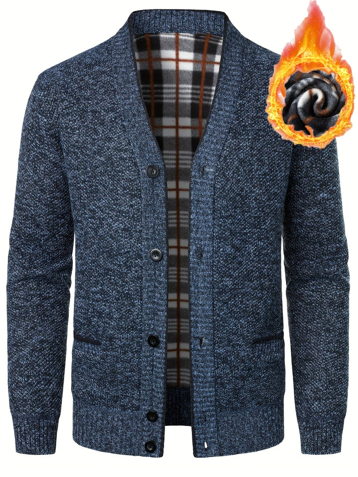 Mens V-Neck Long Sleeve Fleece Cardigan Black Polyester 4