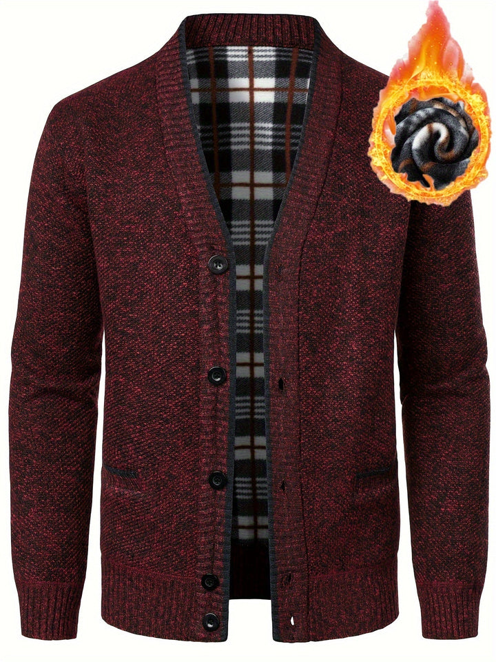 Mens V-Neck Long Sleeve Fleece Cardigan Black Polyester 5
