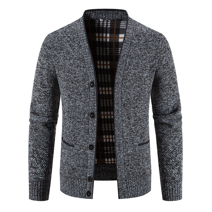 Mens V-Neck Long Sleeve Fleece Cardigan Black Polyester 6
