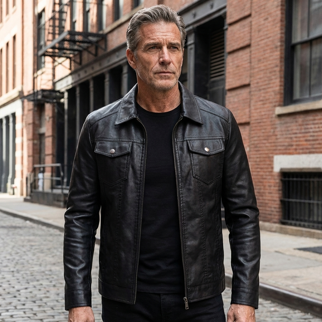 Men's Vintage Classic Fit Leather Jacket in Black 6