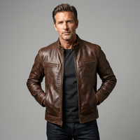 Men's Vintage Genuine Leather Zip-Up Jacket with Four Pockets