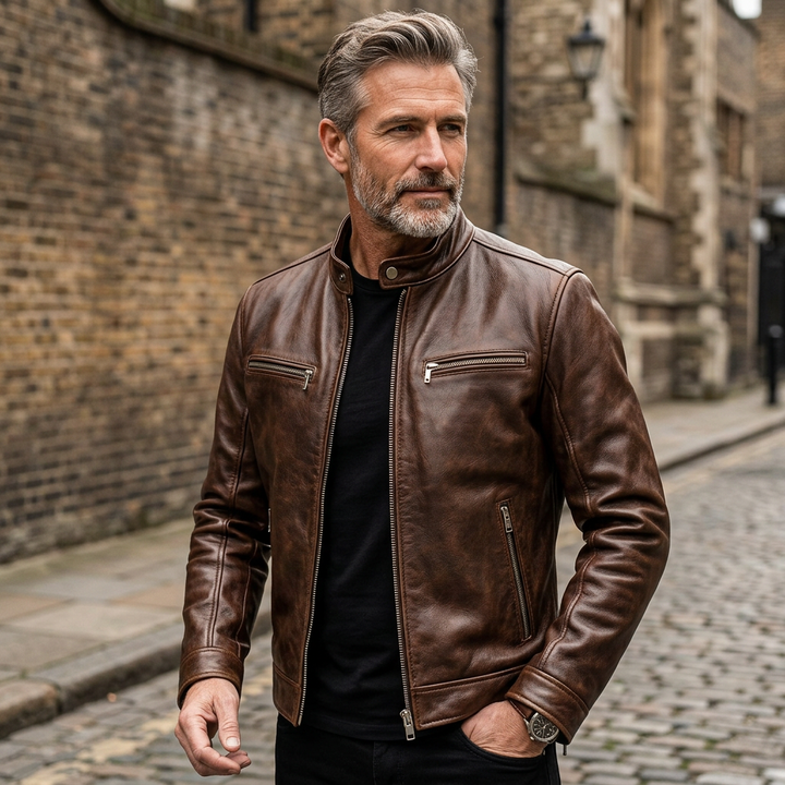 Men's Vintage Genuine Leather Zip-Up Jacket with Four Pockets 8