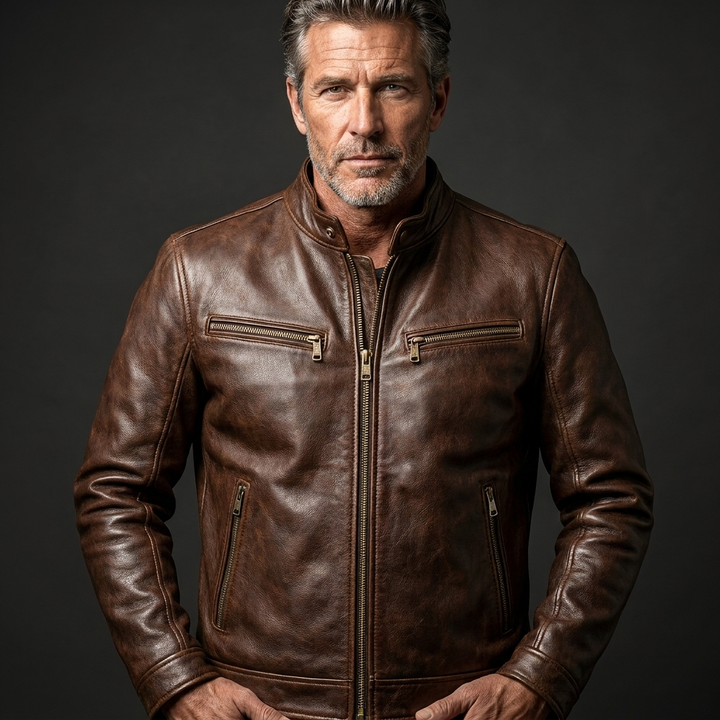 Men's Vintage Genuine Leather Zip-Up Jacket with Four Pockets 9