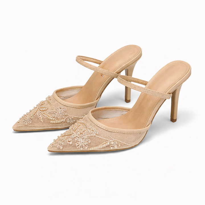 Fleur Embroidered Mesh Kitten Heels – Women's Floral Pointed Toe Mules