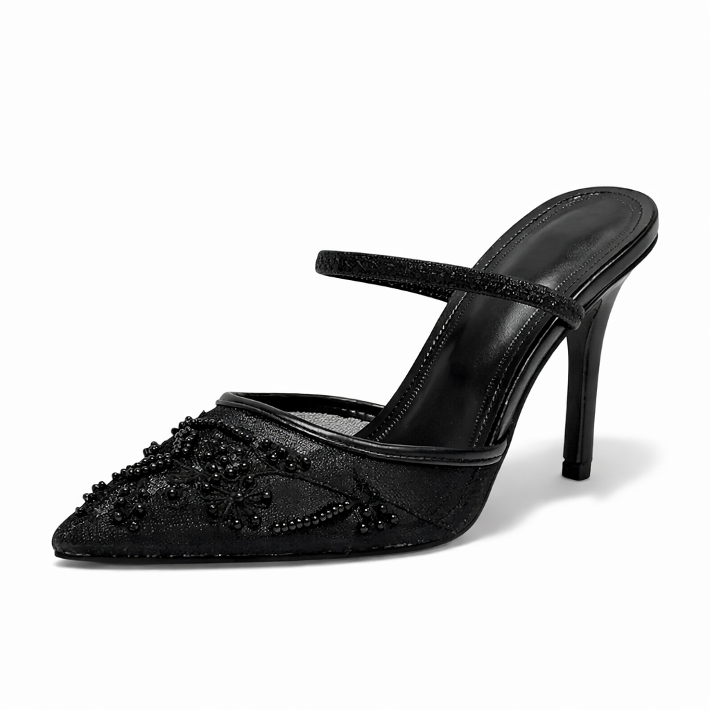 Fleur Embroidered Mesh Kitten Heels – Women's Floral Pointed Toe Mules
