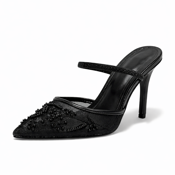 Fleur Embroidered Mesh Kitten Heels – Women's Floral Pointed Toe Mules