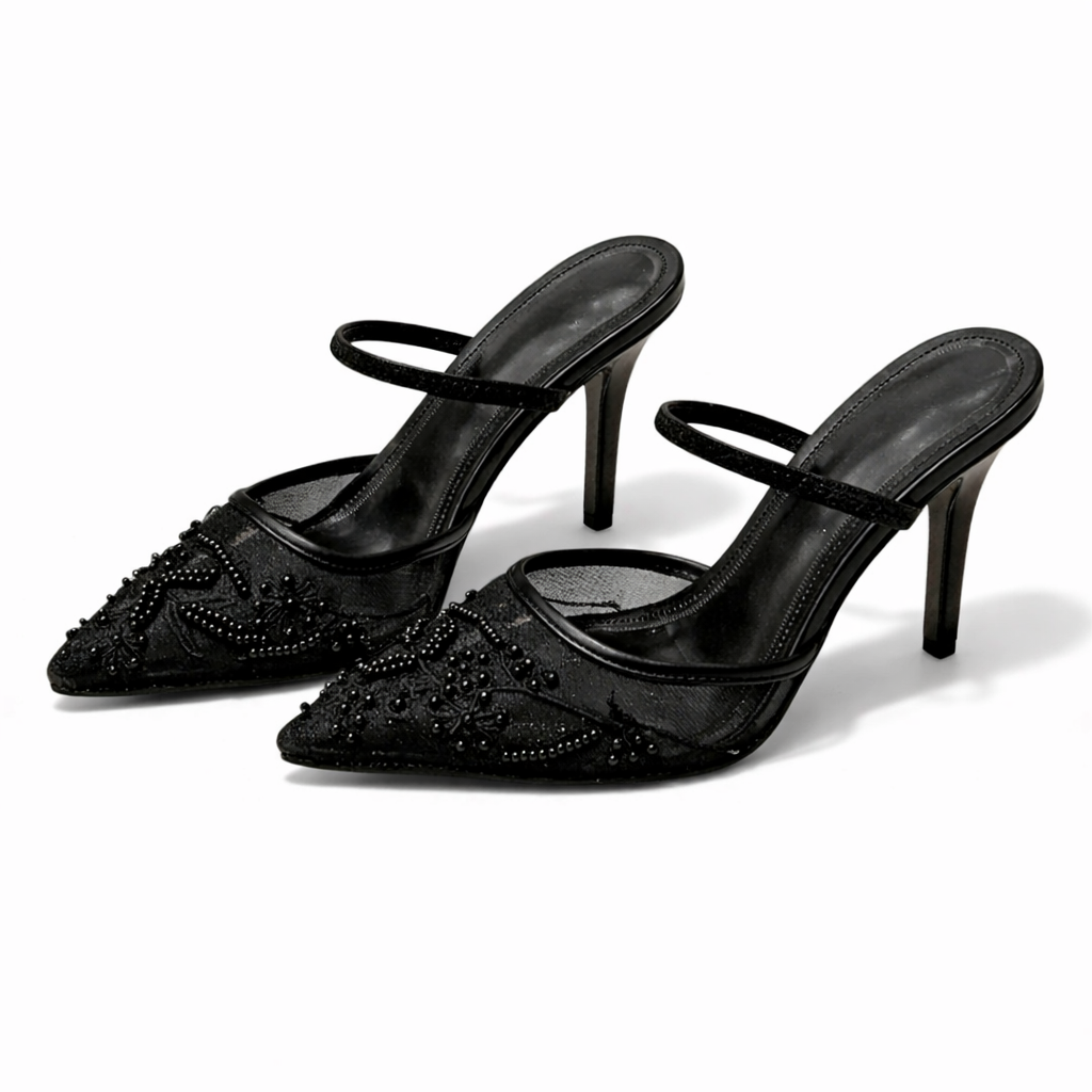 Fleur Embroidered Mesh Kitten Heels – Women's Floral Pointed Toe Mules