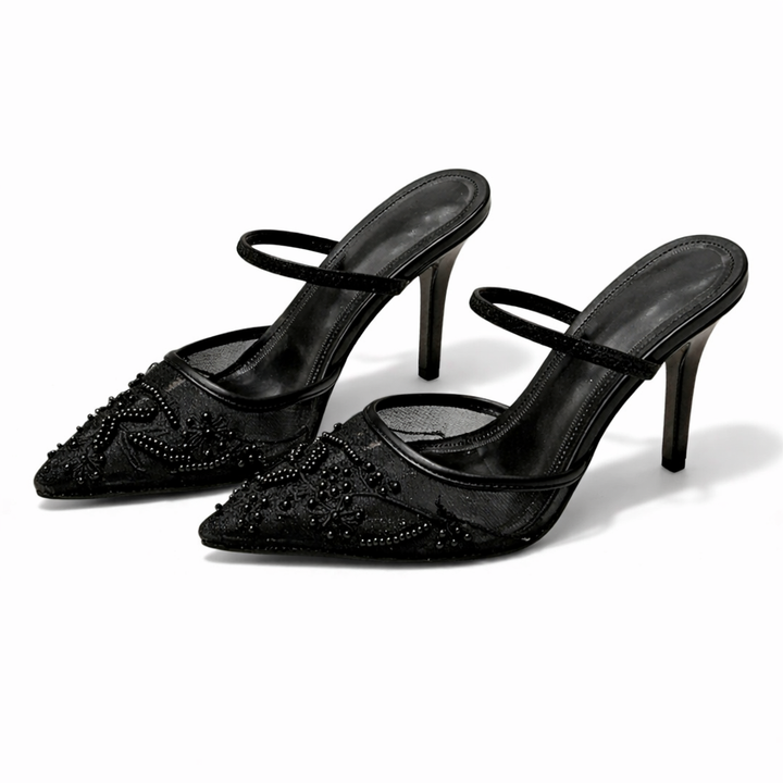 Fleur Embroidered Mesh Kitten Heels – Women's Floral Pointed Toe Mules