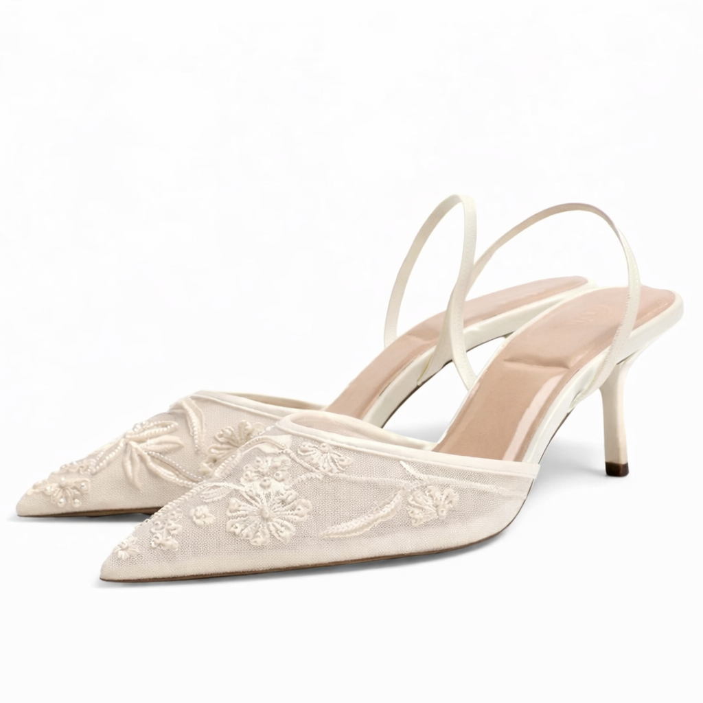 Fleur Embroidered Mesh Kitten Heels – Women's Floral Pointed Toe Mules