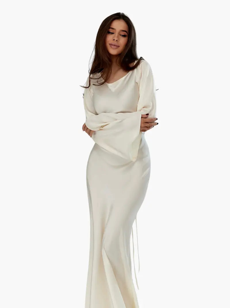 Anouk | Women's Long Sleeve Satin Maxi Dress with Draped Cowl Neck Detail
